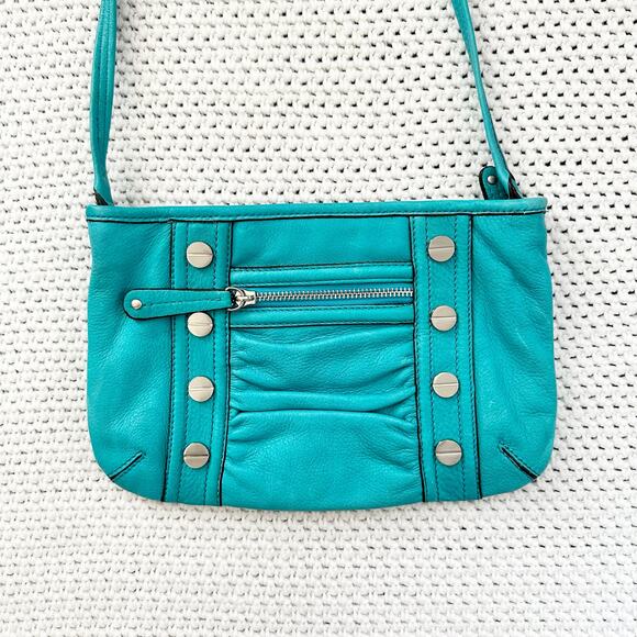 B Makowsky Bright Teal Blue Soft Leather Slim Ruched Front Studded Crossbody Bag - Picture 2 of 7